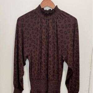 Ann Taylor Brown Leopard Print Smocked Waist Midi Dress Size M Medium Med